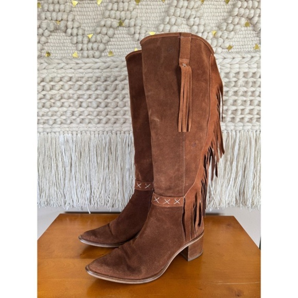 Y2K BRONX Brown Suede Leather Fringe Pointy Toe Knee High Western Boots Size 9